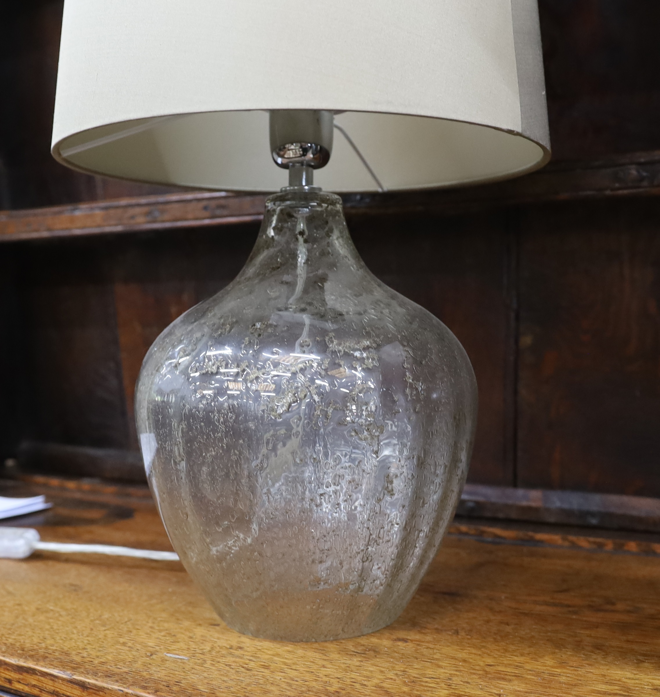 A contemporary Porta Romana baluster glass table lamp and shade, height 78cm together with two other contemporary glass table lamps
